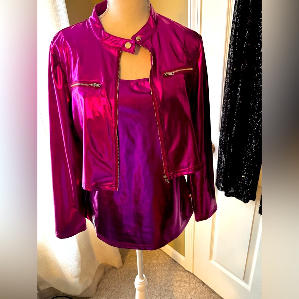 Fuchsia Metallic cropped moto jacket